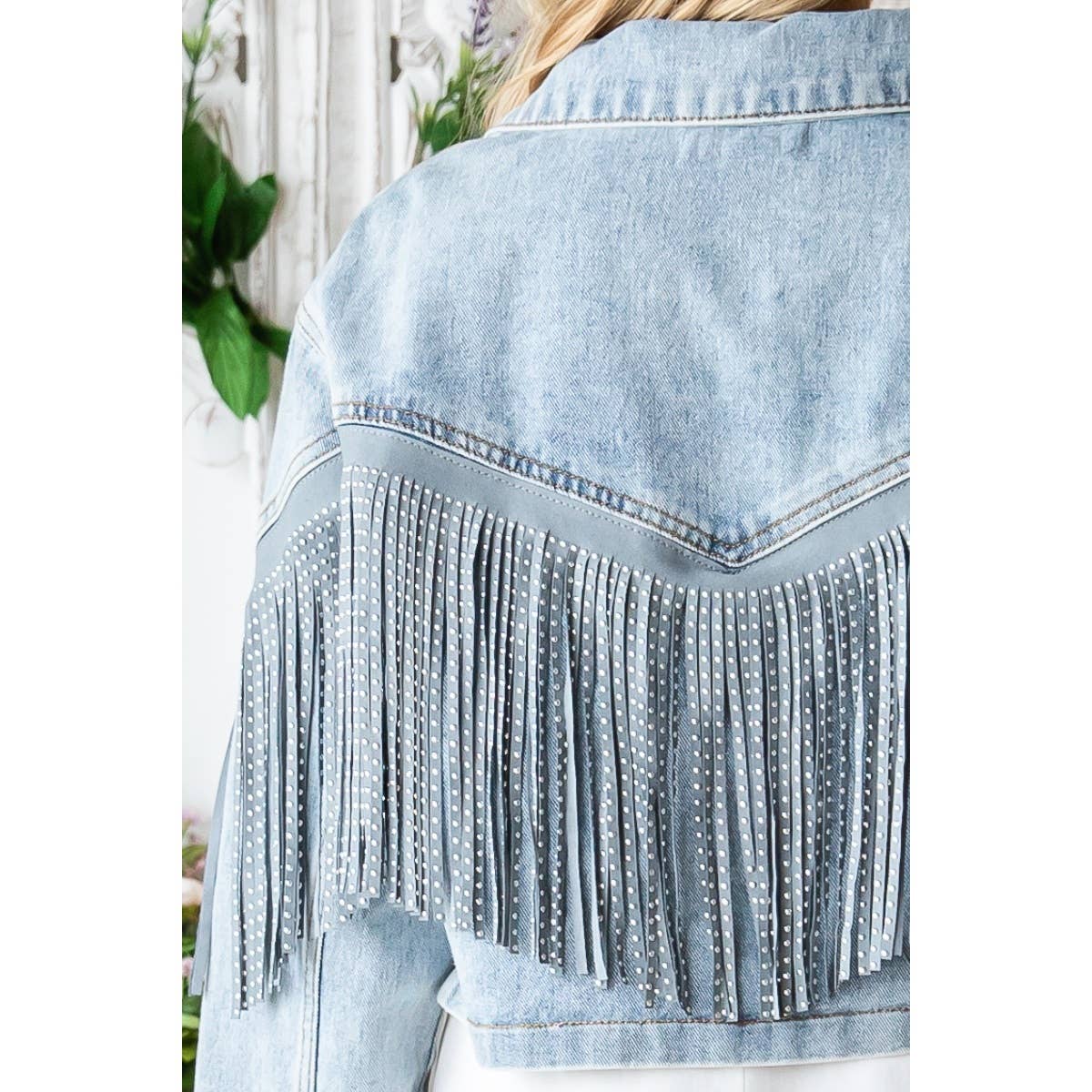 Rhinestone Fringe Cropped Denim Jacket