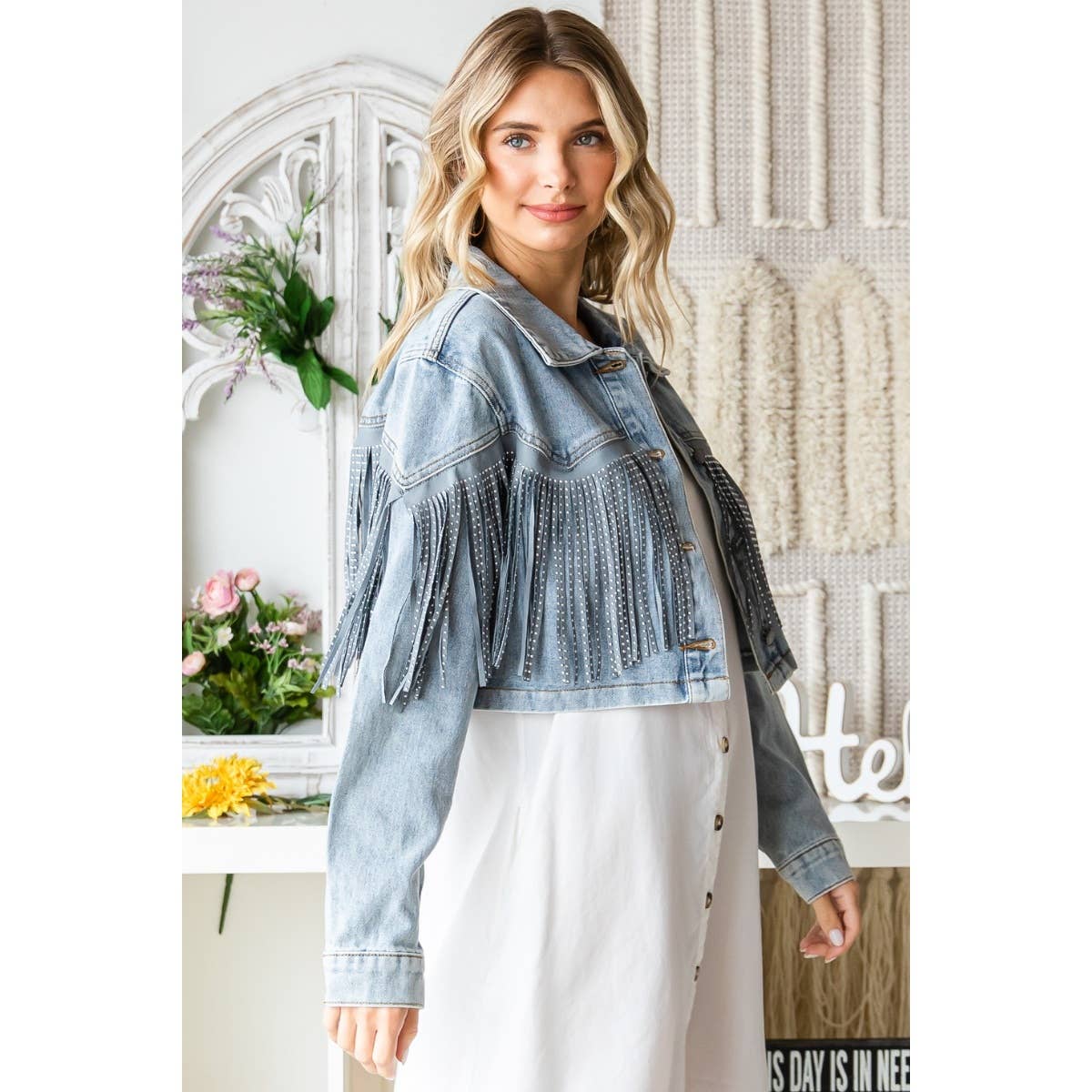 Rhinestone Fringe Cropped Denim Jacket