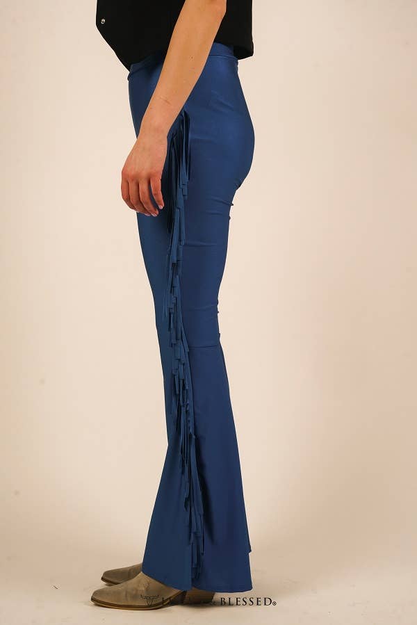 Teal Satin Touch Stretch Side Fringe Flare Pants