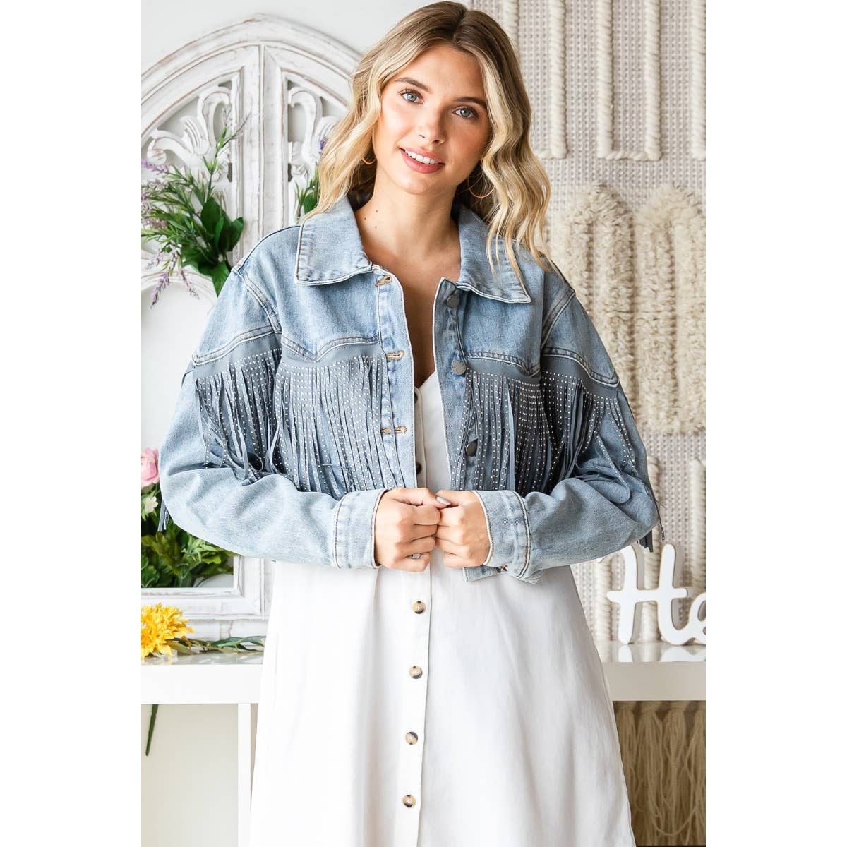 Rhinestone Fringe Cropped Denim Jacket