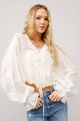 Ruffle Front Tie Embroidered Top