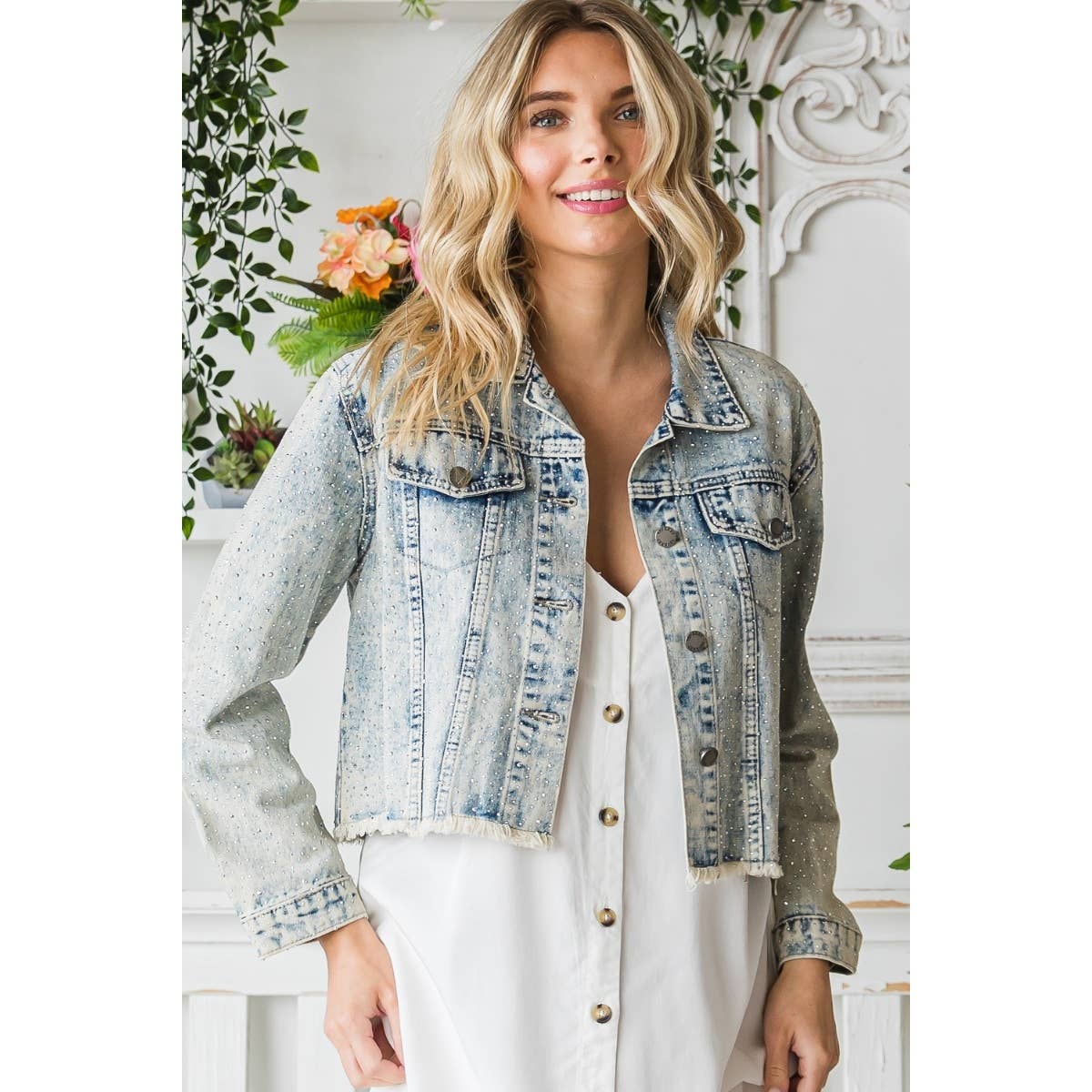 Rhinestone Cropped Denim Jacket