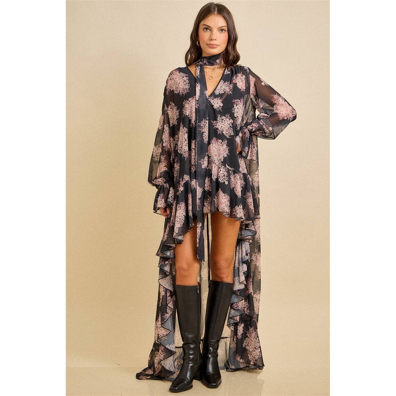 Floral Ruffle High-Low Dress with Scarf Tie