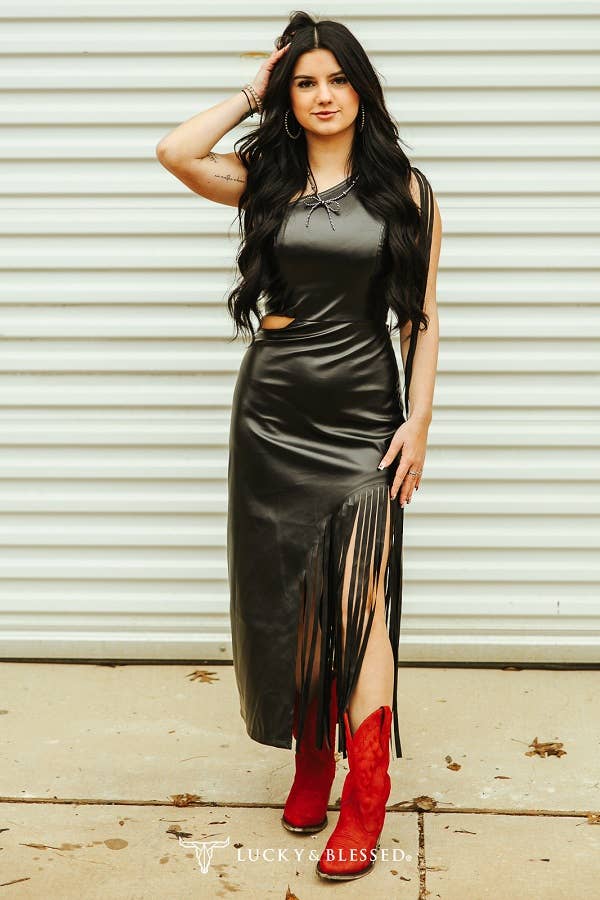 Faux Leather Side Fringe Dress