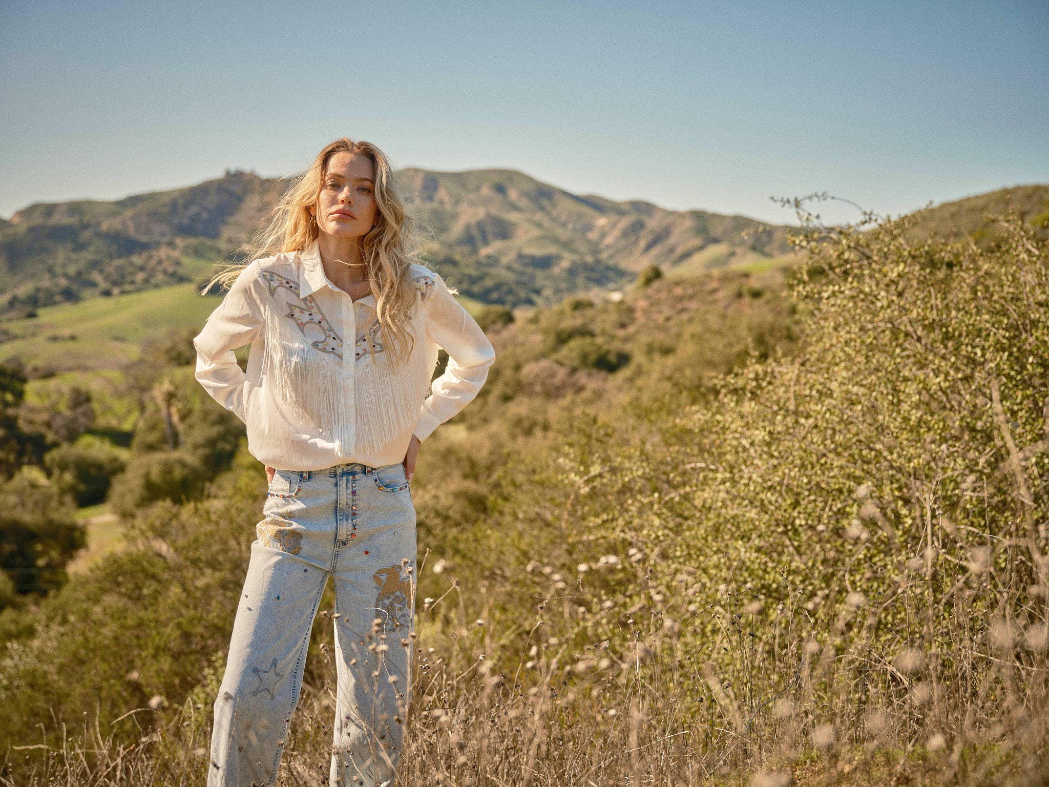 Satin Yoke Fringe Embroidered Shirt