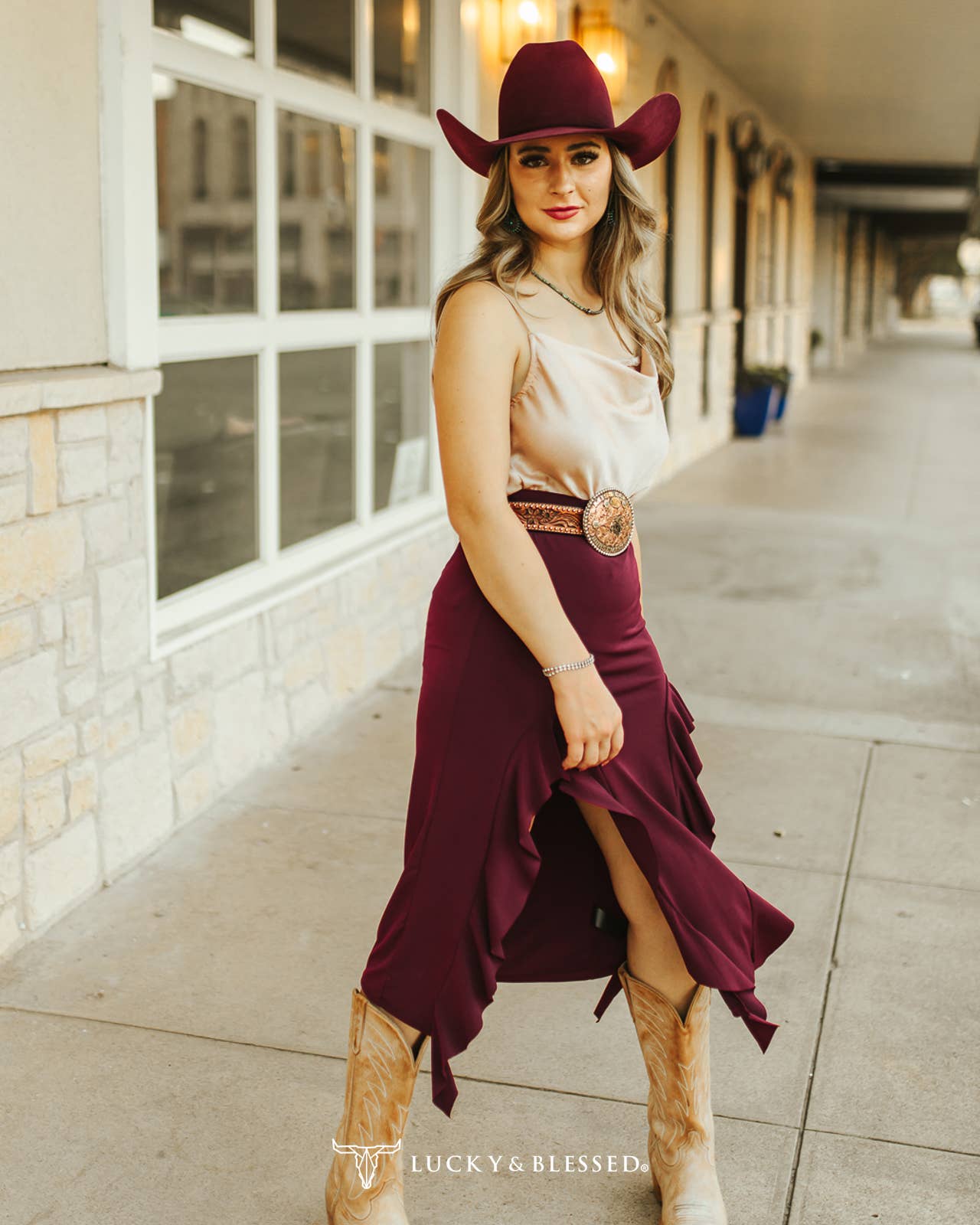 Wine Double Ruffle Slit Hem Midi Skirt