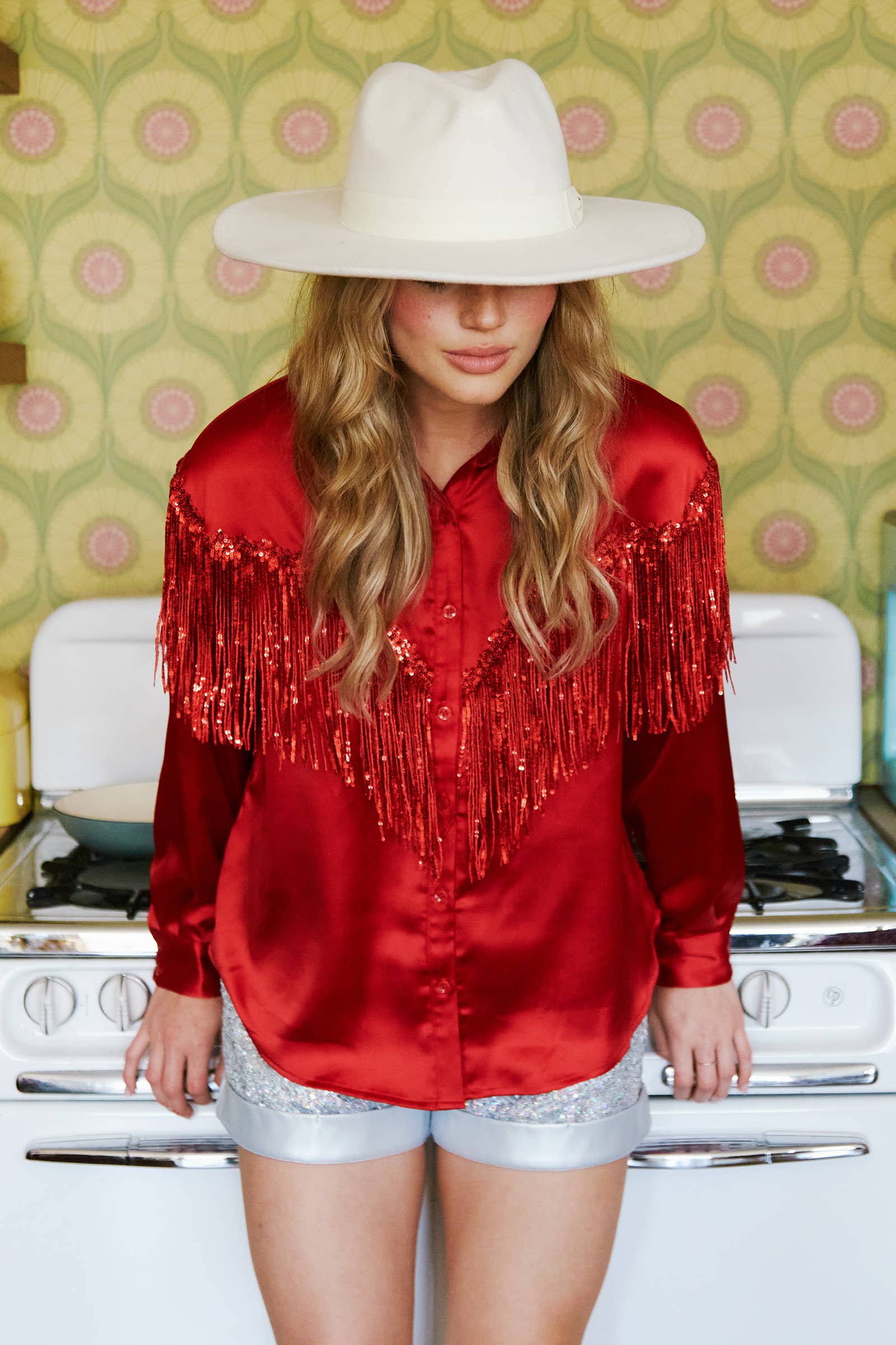 Sumptuous Red Satin Western Blouse